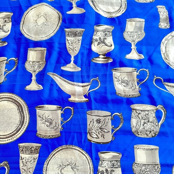 Larioseta Silk Scarf Women's Blue Gold Silver- Tableware Jacquard Size 34x34 in - Picture 3 of 9